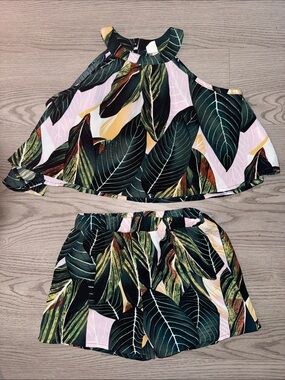 SHEIN Green Pink Tropical Leaf Girls Matching Set